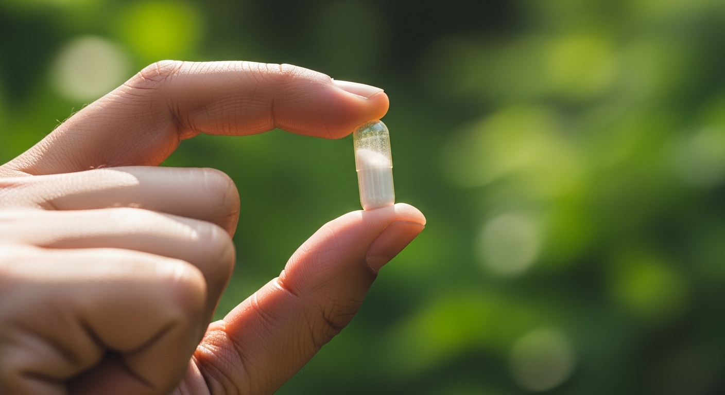 손에 들린 마그네슘 영양제 캡슐. 근육 이완과 스트레스 완화에 도움이 되는 모습을 상징합니다.