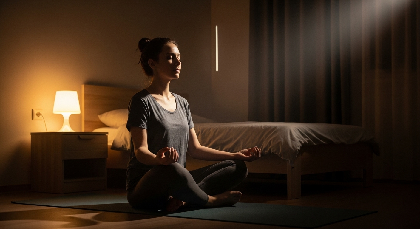 잠들기 전 편안한 자세로 명상하거나 심호흡을 하며 긴장을 이완하는 사람의 모습. 평화로운 분위기.