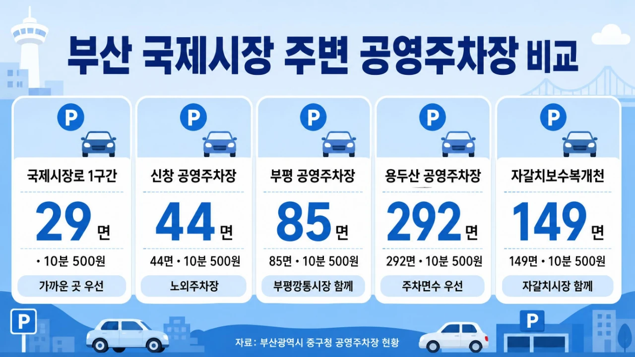 부산 국제시장 주변 공영주차장 5곳 주차면수와 요금 비교