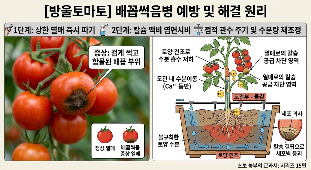 방울토마토 열매 밑동이 검고 단단하게 함몰된 배꼽썩음병 증상과 나무 플랜트 화분에서 점적 관수량 부족으로 건조해진 흙 때문에 뿌리에서 열매 끝까지 칼슘 이온이 이동하지 못하는 메커니즘을 보여주는 설명 삽화