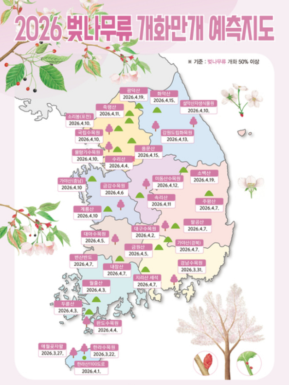2026 벚꽃 개화만개 예측지도