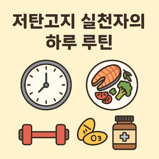저탄고지 실천자의 하루 루틴을 상징적으로 표현한 일러스트. 아침 7시를 가리키는 시계, 연어&middot;브로콜리&middot;토마토가 담긴 식단, 덤벨, 오메가3 영양제와 보충제 병 아이콘이 조화롭게 배치되어 있다.