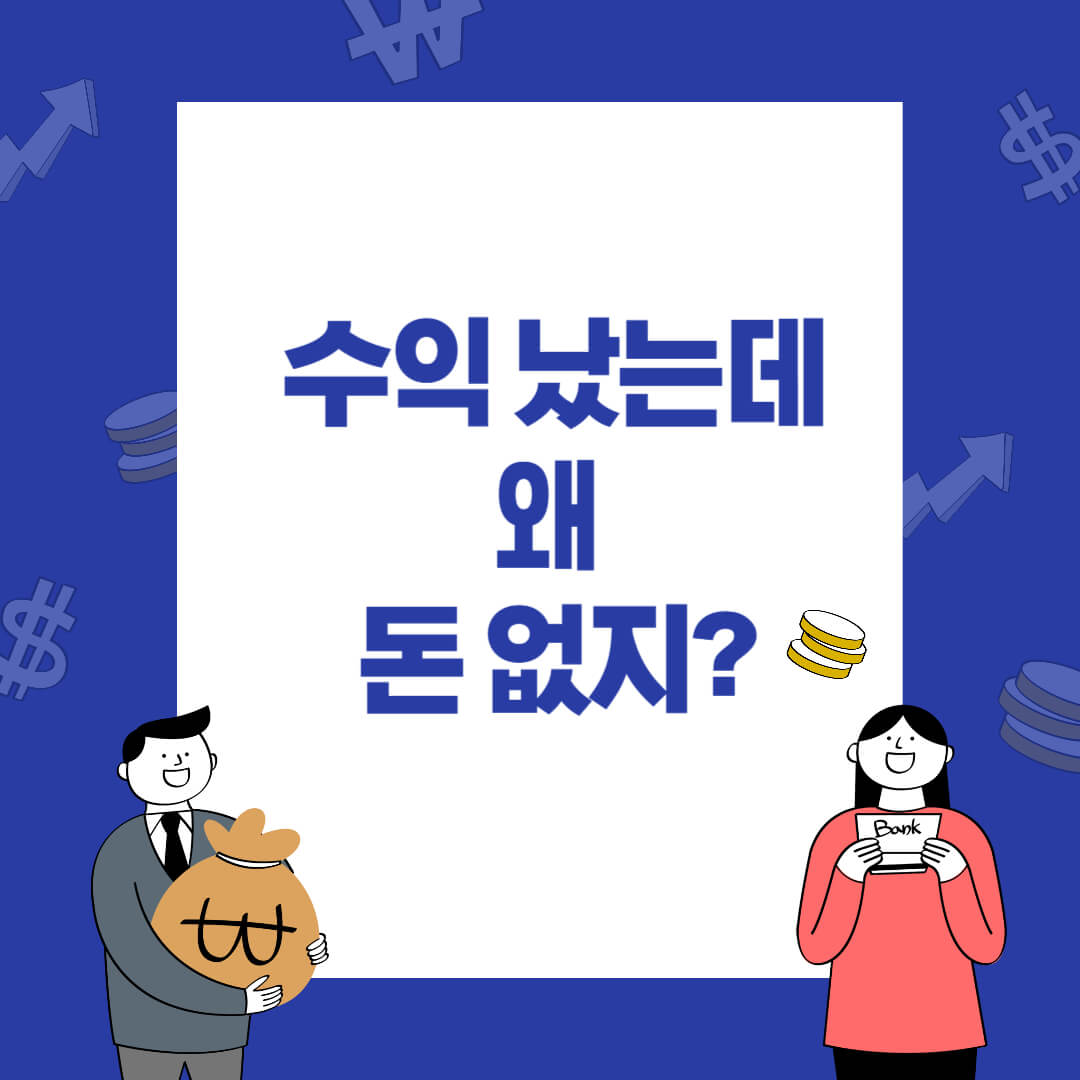 머니로그 블로그 썸네일: '수익 났는데 왜 돈 없지?' 문구, 돈/통장 아이콘 및 금융 캐릭터 포함