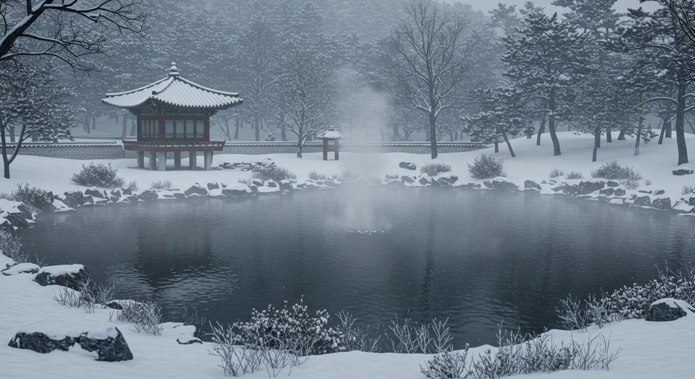 겨울에도 얼지 않고 맑은 물이 흐르는 태백 황지연못의 설경
