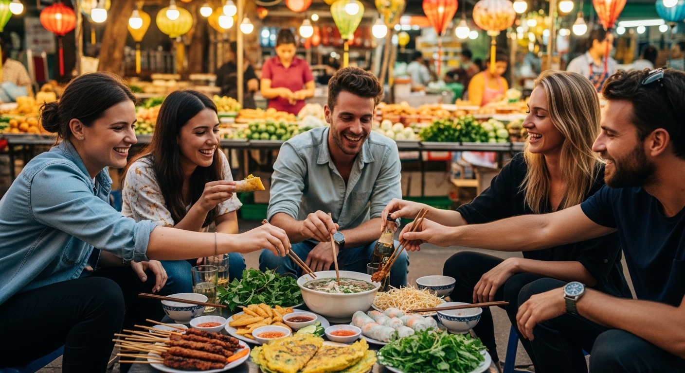 베트남 현지 길거리 음식 시장에서 친구들이 다양한 현지 음식을 맛보며 즐거워하는 모습