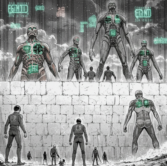 자본주의라는 거대한 상호주의적 실재와 허상 속에 갇힌 인류와 알고리즘으로 무장한 거인의 공포- 구글 제미나이 생성 이미지