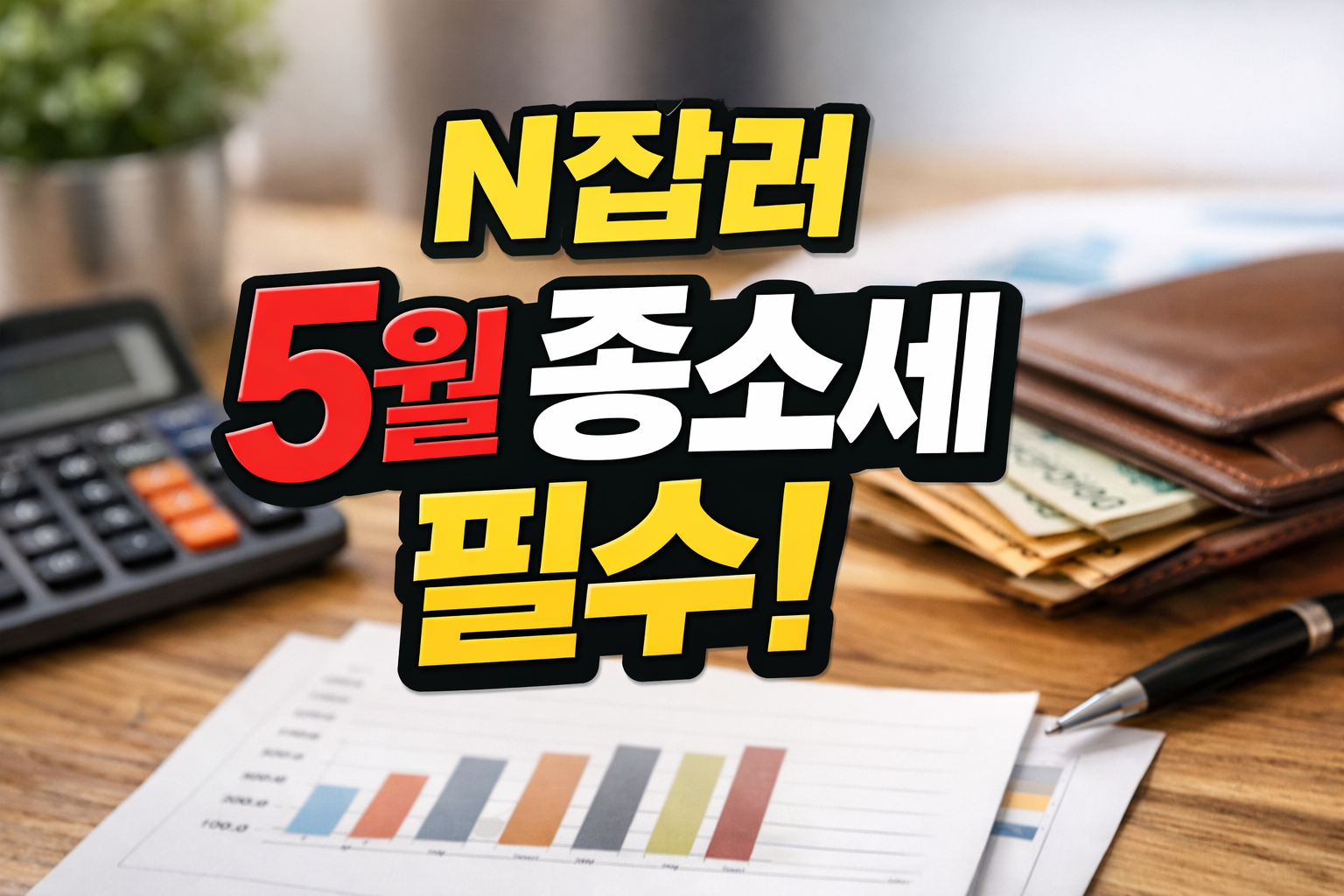 N잡러 5월 종소세 신고 안내 썸네일 이미지, 계산기와 지갑 현금 배경