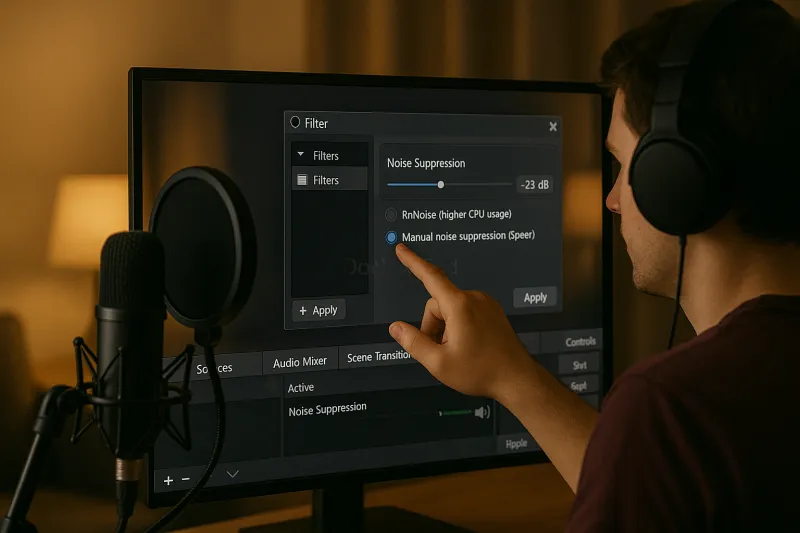 방송 송출 프로그램에 음성 필터를 넣는 모습