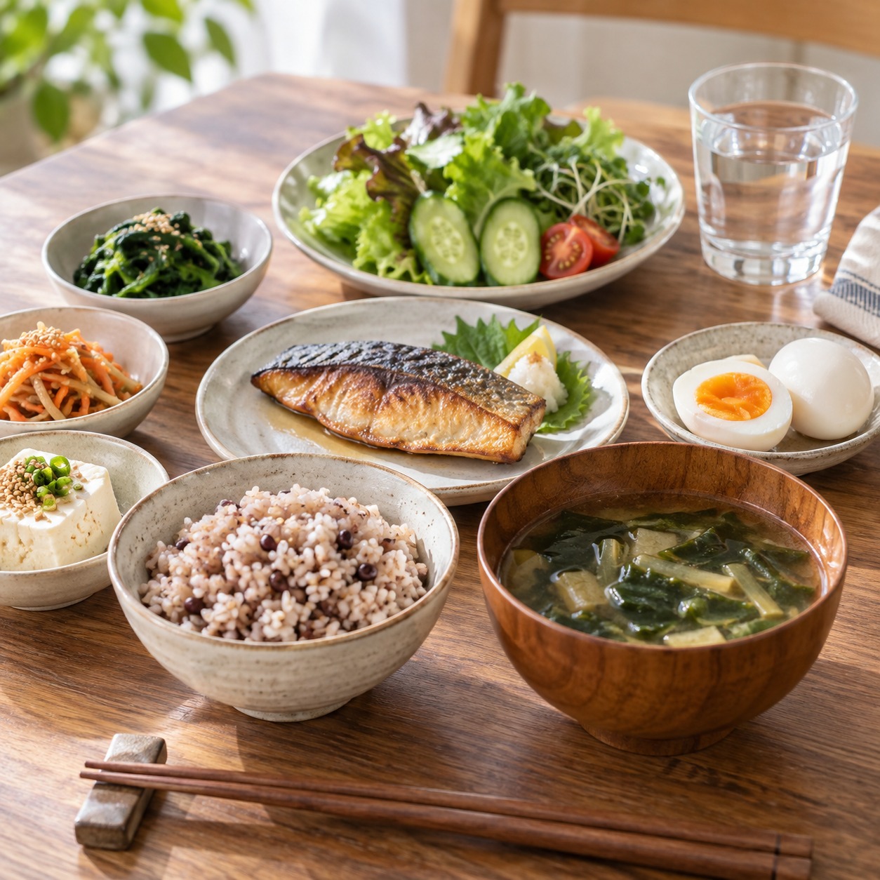 잡곡밥과 달걀, 채소로 구성한 균형 잡힌 아침 식사
