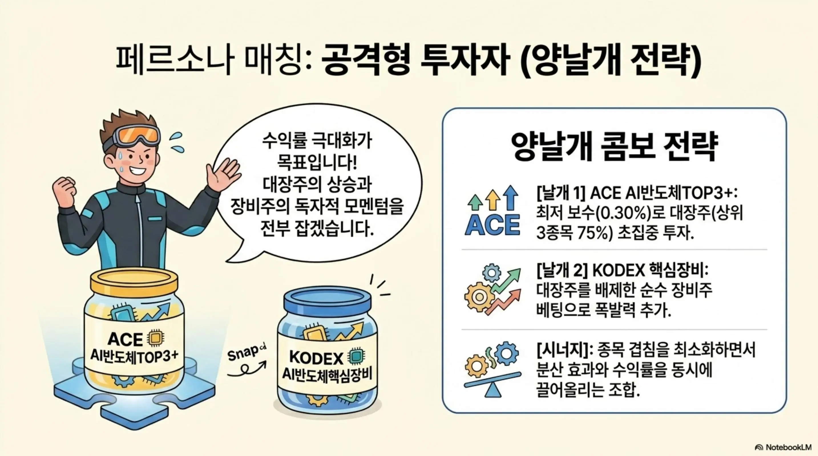 AI반도체ETF비교: ACE AI반도체TOP3+로 대장주 상위 3종목 75%에 집중하고 KODEX AI반도체핵심장비로 순수 장비주에 베팅하는 양날개 콤보 전략을 다이버 일러스트로 표현한 인포그래픽. 블로그의 공격형 AI 반도체 ETF 조합 전략을 설명함