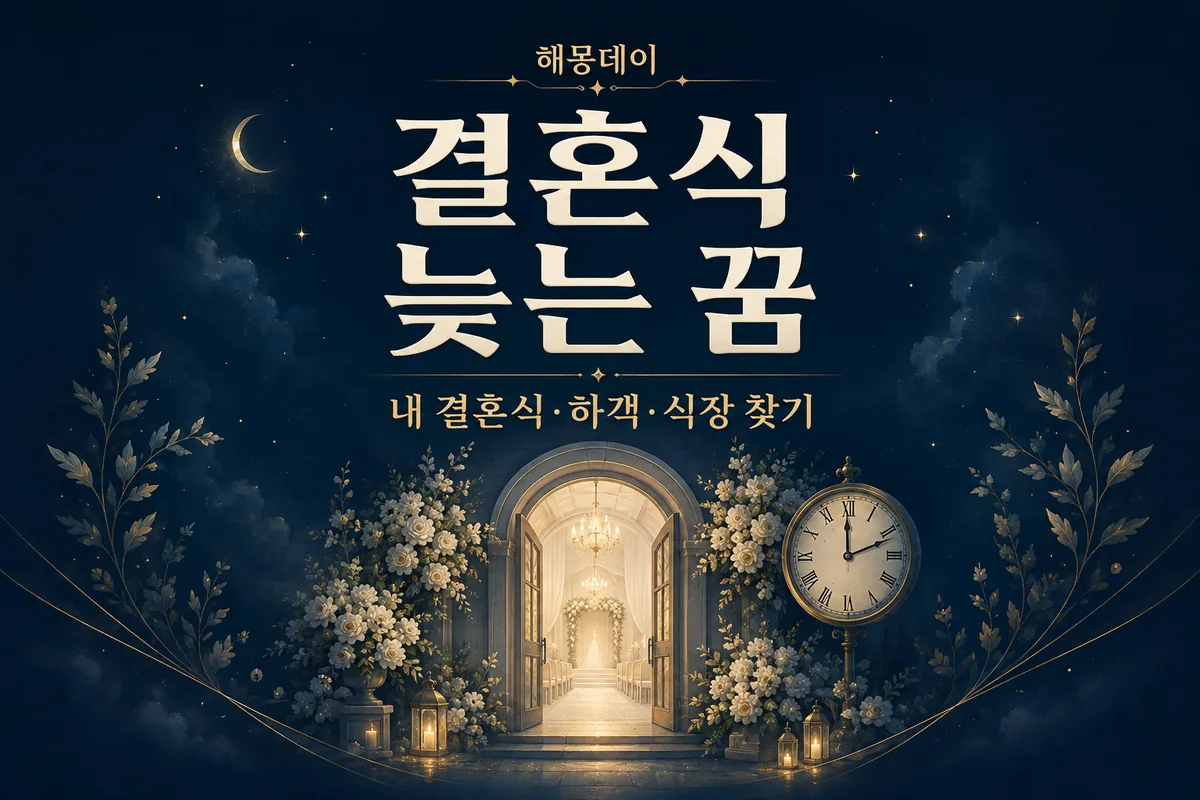 해몽데이 결혼식 늦는 꿈, 내 결혼식&middot;하객&middot;식장 찾기 문구와 꽃 장식 입구&middot;시계가 있는 썸네일