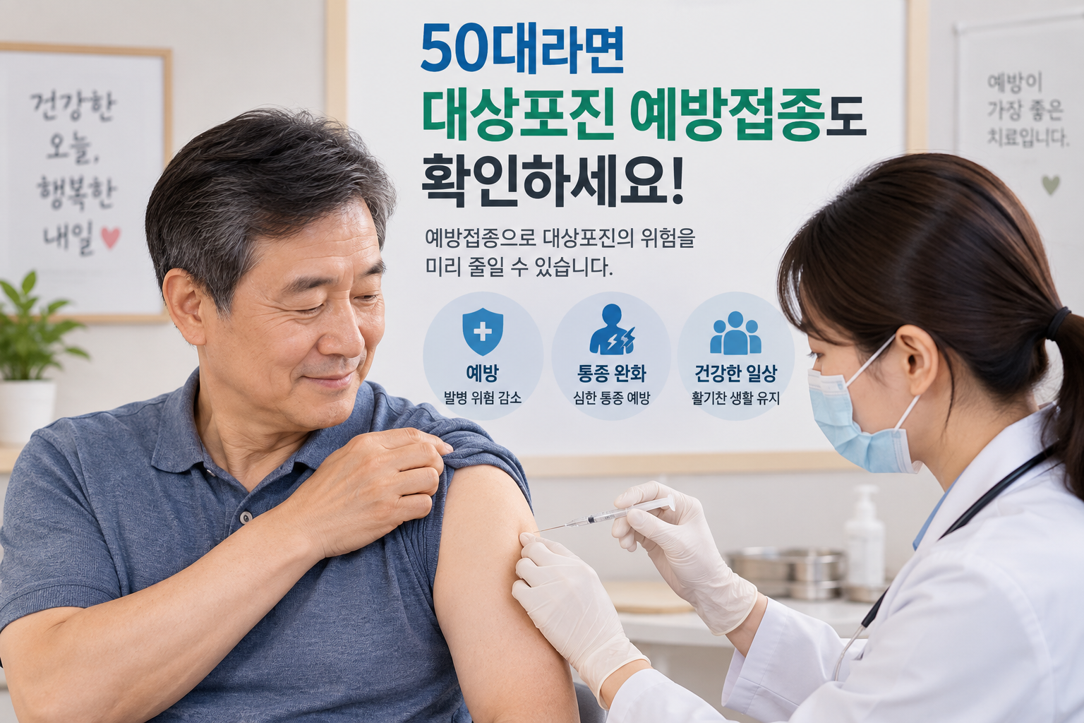 50대 이후 대상포진 예방을 위해 의료기관에서 예방접종을 받는 모습을 표현한 AI 이미지