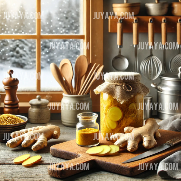 나무 도마 위에 잘린 생강 조각과 홈메이드 겨자 소스 병이 놓인 부엌 풍경. 창문 너머로 겨울 눈 풍경이 보인다.