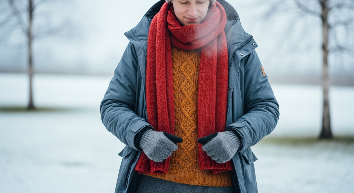 얇은 옷을 여러 겹 겹쳐 입고 목도리, 장갑, 모자 등으로 완전 무장한 사람이 따뜻하게 서 있는 모습.