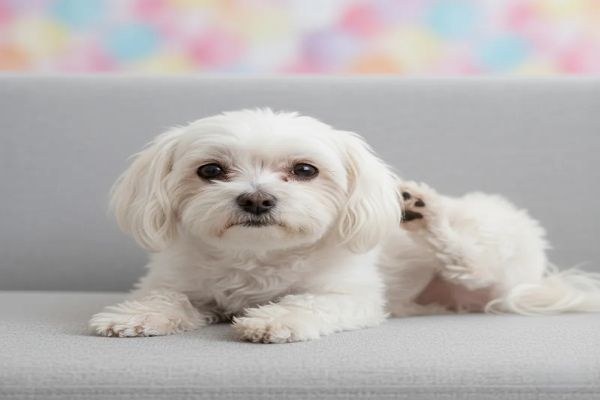 가려움으로 인해 찡그린 표정으로 소파에 기대어 주인을 보는 말티즈. 뒷발을 들어 긁으려는 모습으로 피부병으로 인한 고통을 직관적으로 보여줍니다.