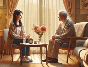 호스피스 병동 환자보호자와 상담사가 상담하는 장면