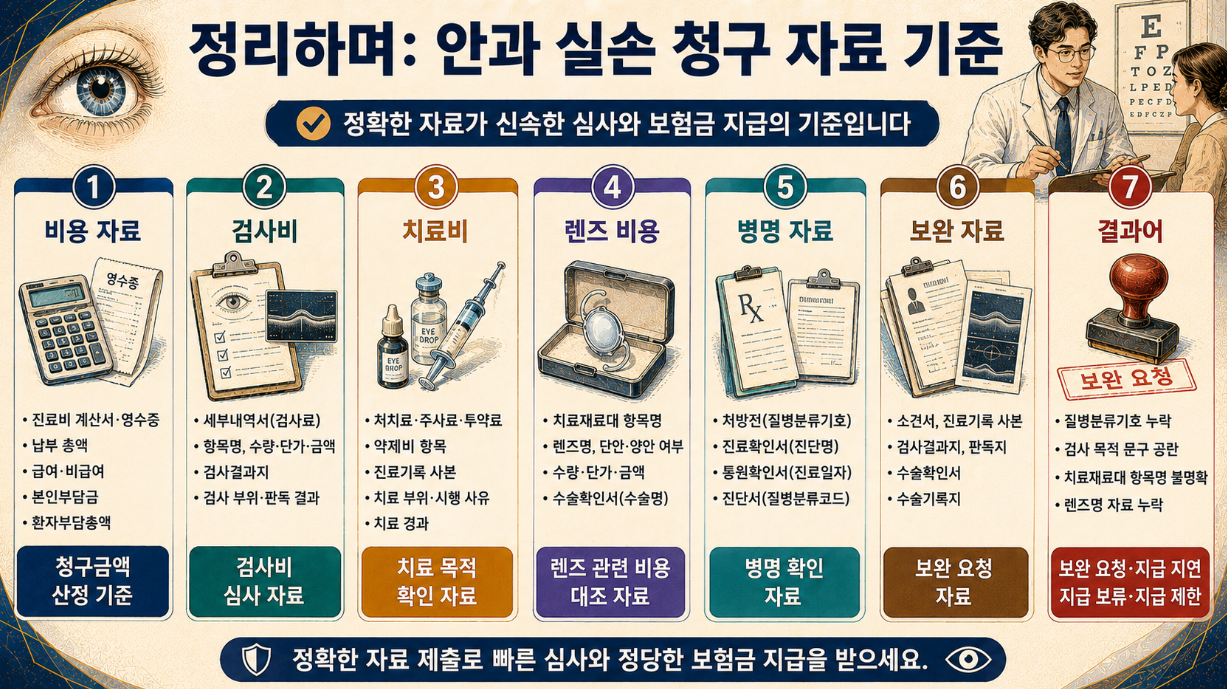 안과 실손 청구 자료 기준으로 비용 자료, 검사비, 치료비, 렌즈 비용, 병명 자료, 보완 자료를 정리한 인포그래픽