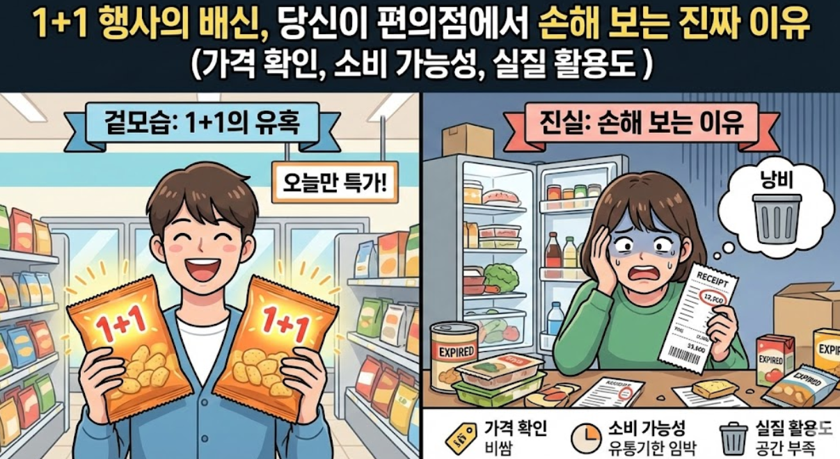 1+1 행사의 배신, 당신이 편의점에서 손해 보는 진짜 이유(가격 확인, 소비 가능성, 실질 활용도) 썸네일 사진