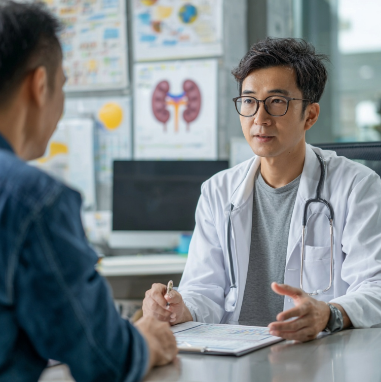 신장진료로 의사와 상담받는 남성