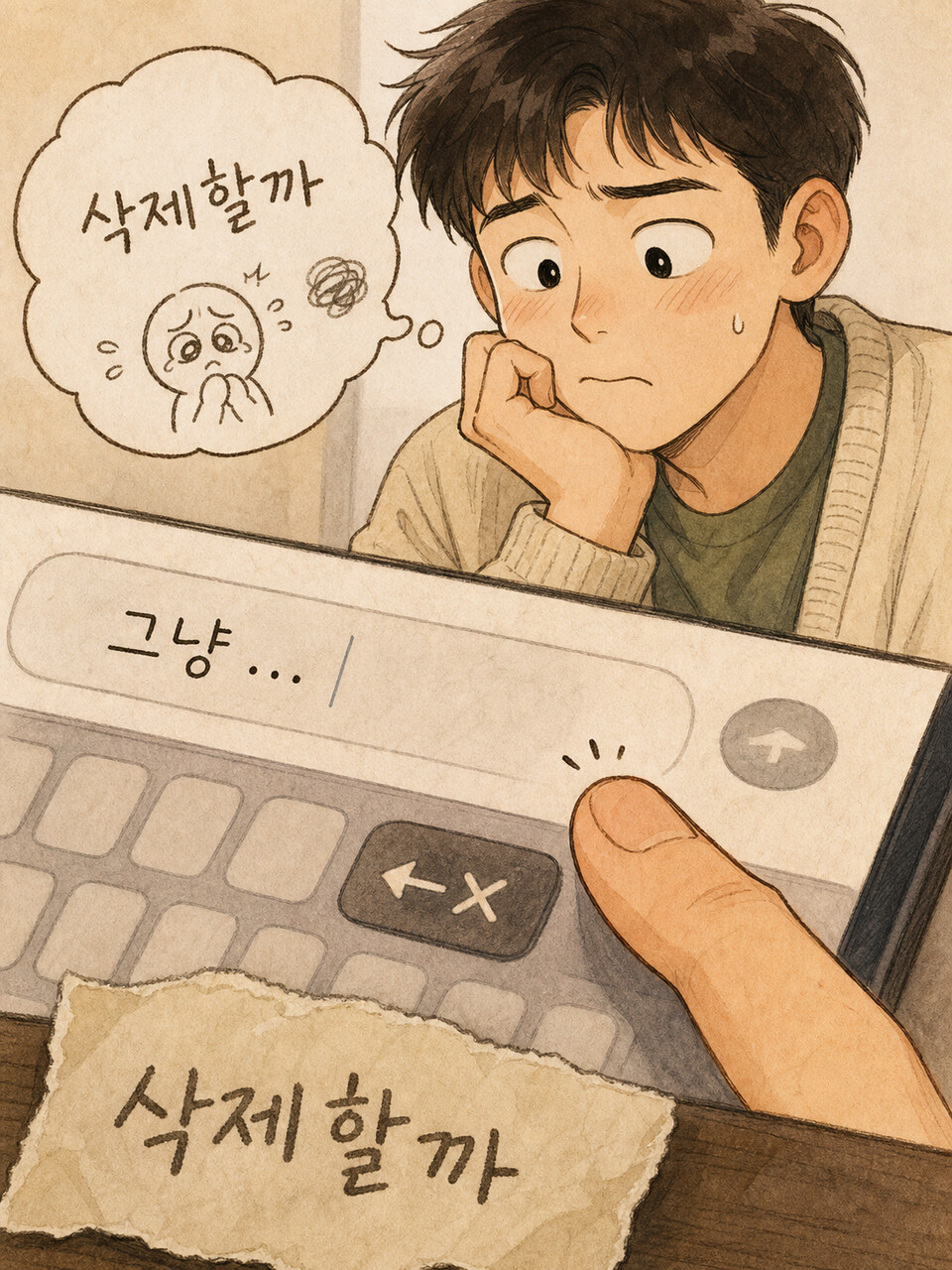 카톡 메시지를 삭제할까 고민하는 장면