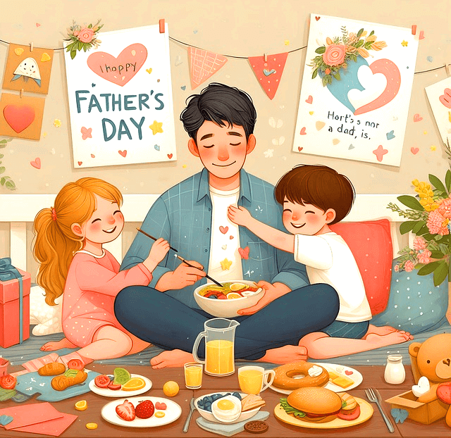 아빠와 어린 딸과 아들이 나란히 앉아서 음식을 먹고 있다. 미소가 가득한 행복한 모습이다.