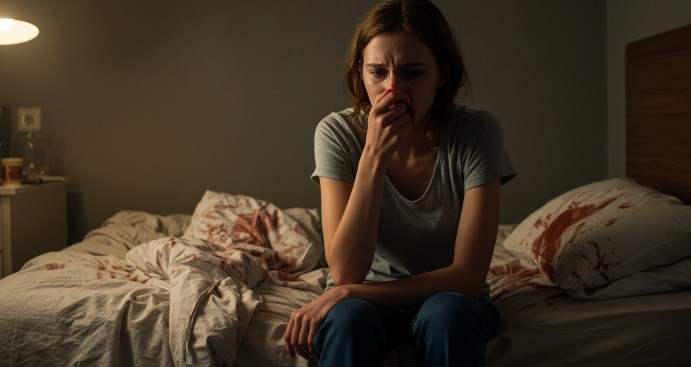 코피를 멈추려고 피바다가 된 침대에 걸터앉아 코를 막고 있는 여성의 긴박한 모습