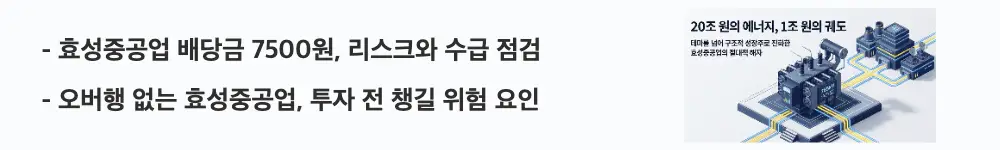 효성중공업 주가 전망: '효성중공업 배당금 7500원, 리스크와 수급 점검'라는 문구가 포함된 웹배너 이미지. 이 이미지는 효성중공업의 배당금과 수급 구조, 주요 리스크 요인을 시각적으로 전달하며, 블로그의 효성중공업 리스크 분석과 관련된 내용을 설명함