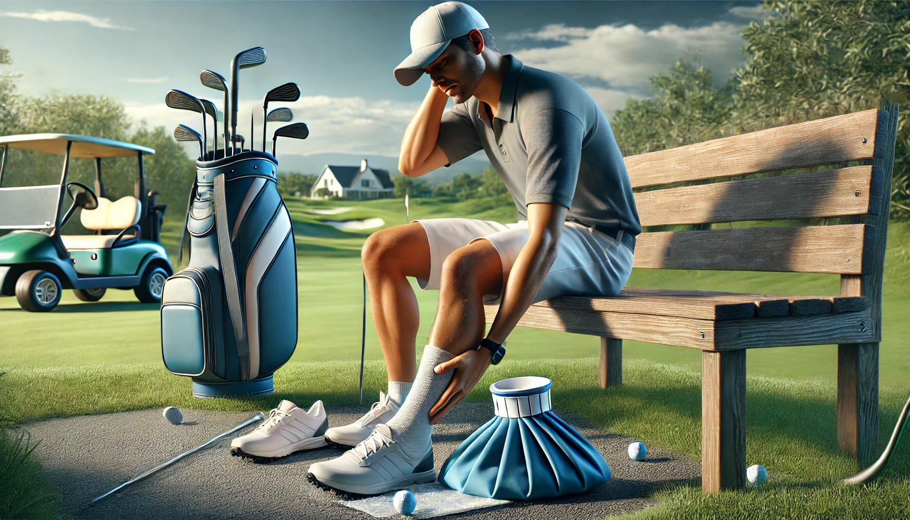 골프장에서 벤치에 앉아 다리를 올린 채 얼음찜질로 발목 통증을 완화하는 골퍼. 옆에는 골프백이 놓여 있고, 푸른 잔디와 맑은 하늘이 배경으로 펼쳐져 있다.