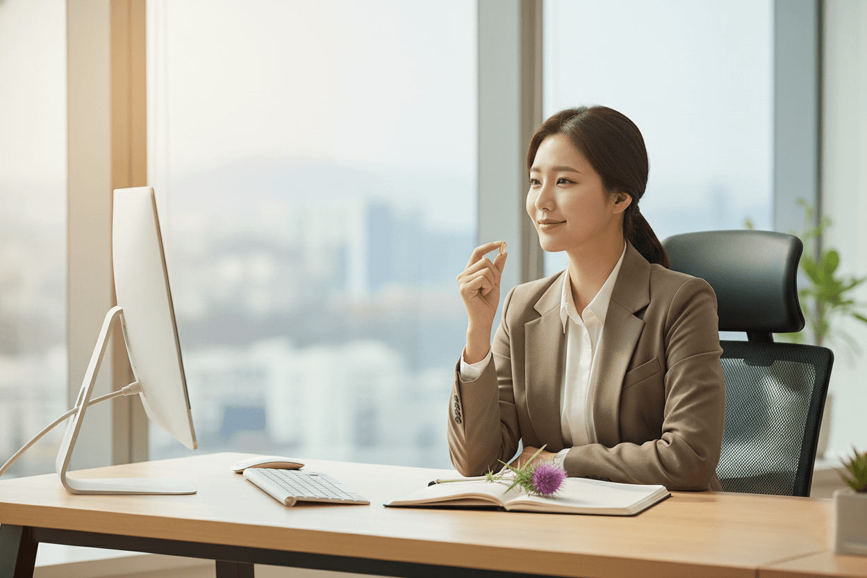 나무 책상 위에 컴퓨터 모니터와 키보드가 놓여 있고, 열린 노트 옆에 보라색 밀크씨슬 꽃 한 송이가 올려져 있으며, 아름다운 한국인 여성 직장인이 상반신이 보이도록 앉아서 가슴 높이에서 불투명한 누리끼리한 알약 한 알을 손가락으로 들고 미소 짓는 현대적인 사무실 분위기 이미지