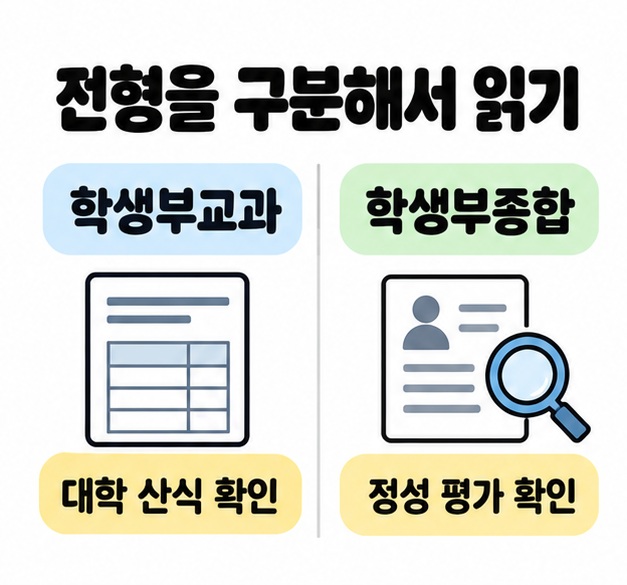 학생부교과는 대학 산식을, 학생부종합은 정성 평가를 확인하도록 두 전형을 나란히 비교한 이미지