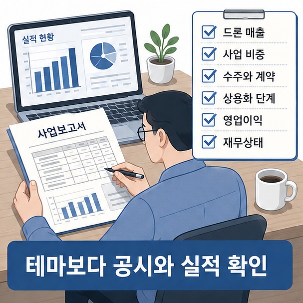 투자자가 드론 관련 기업의 실제 매출과 사업 비중, 수주, 상용화 단계, 영업이익과 재무상태를 함께 확인하는 모습을 보여 주는 그림