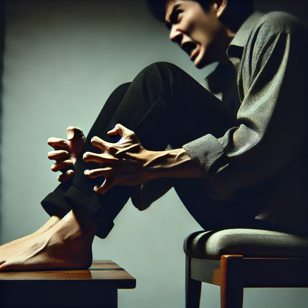 불안하거나 초조한 표정과 함께 다리를 떨거나 움찔거리는 장면