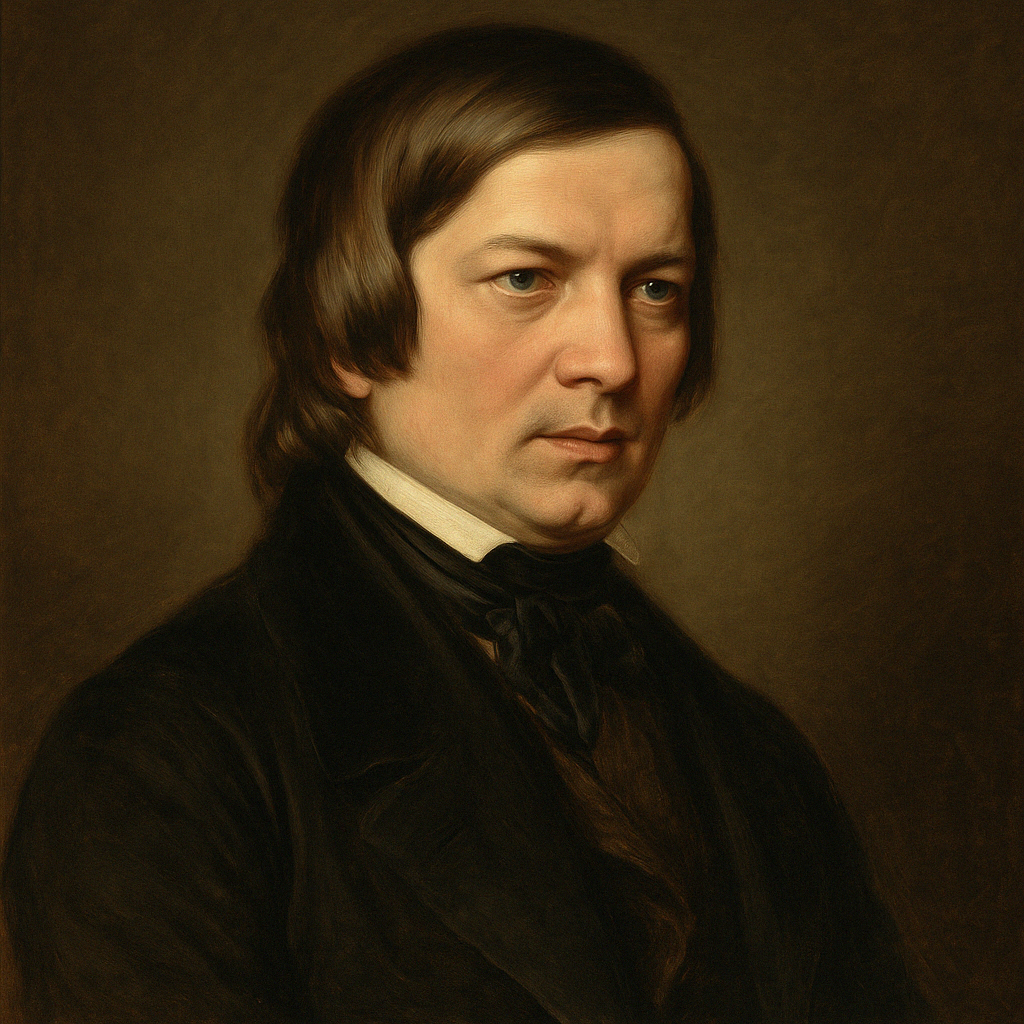 로베르트 슈만의 정면 초상화, 어두운 배경과 검은 옷차림으로 고뇌 어린 표정을 짓고 있음