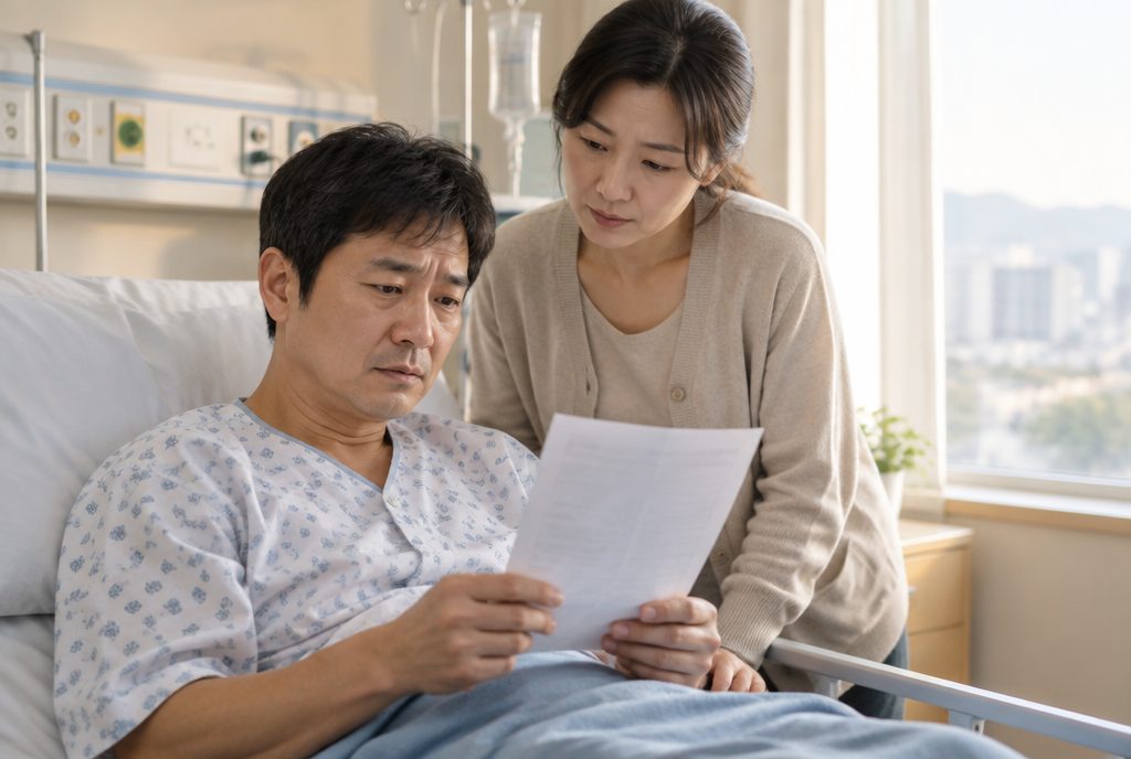 뇌출혈 병원비 고지서를 들고 있는 편마비 환자와 아내
