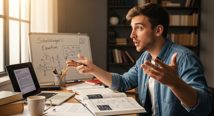 교과서 내용을 가르치듯이 설명하며 적극적으로 학습하는 학생의 모습. 개념을 완벽하게 이해하려는 노력이 엿보입니다.