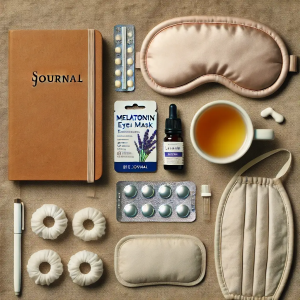 수면유도제, 수면일기, 아이마스크 등이 정돈된 숙면 보조 아이템 이미지