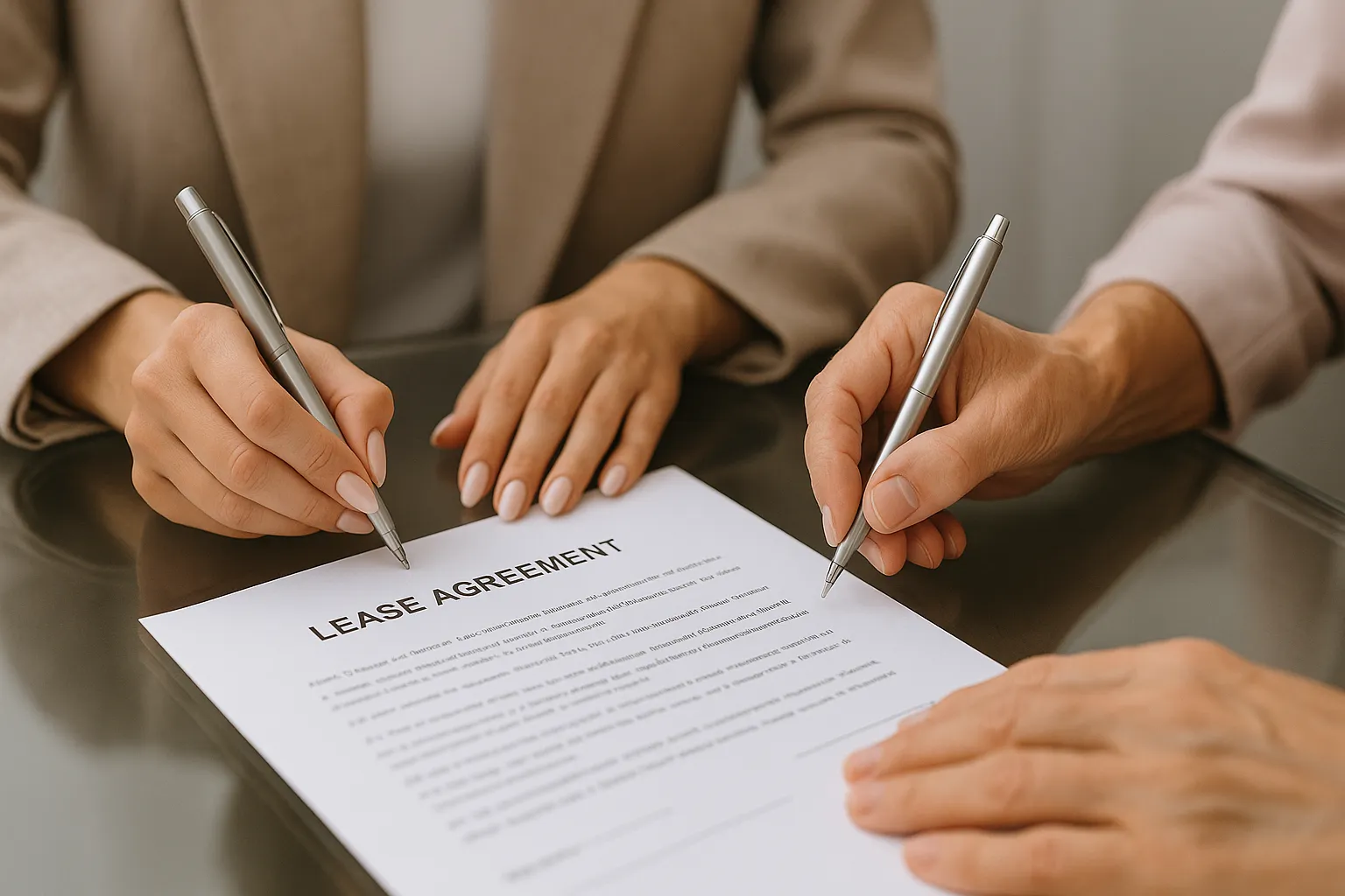 임대차 계약서에 서명 중인 사람들의 손과 문서
