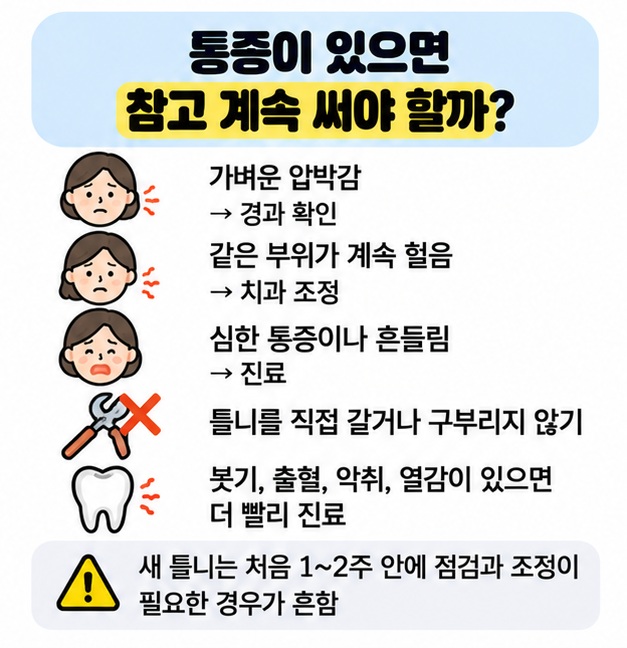 임시틀니 통증과 상처가 계속될 때 치과 조정을 안내하는 카드
