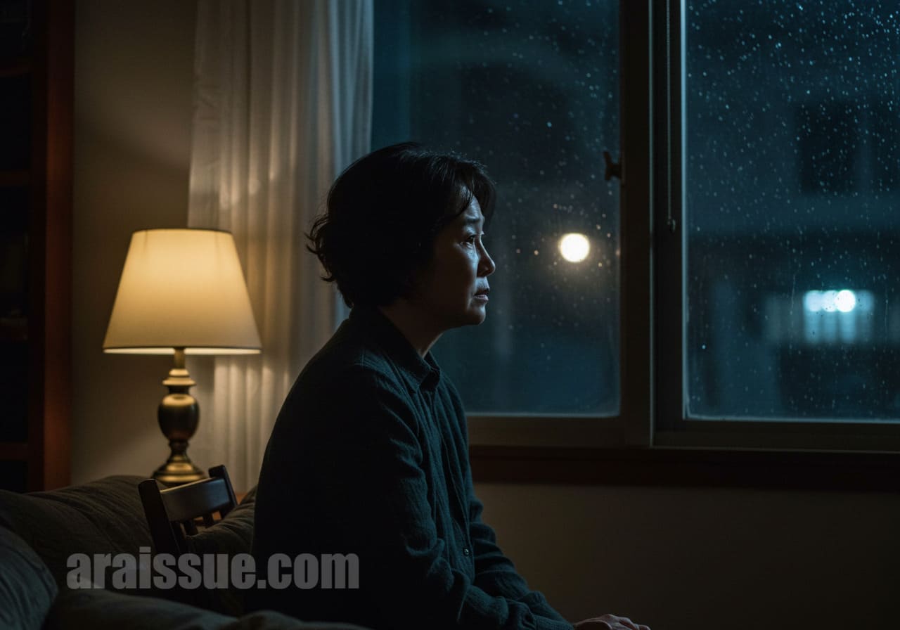 년 한국 여성이 창가에 앉아 생각에 잠겨있는 모습