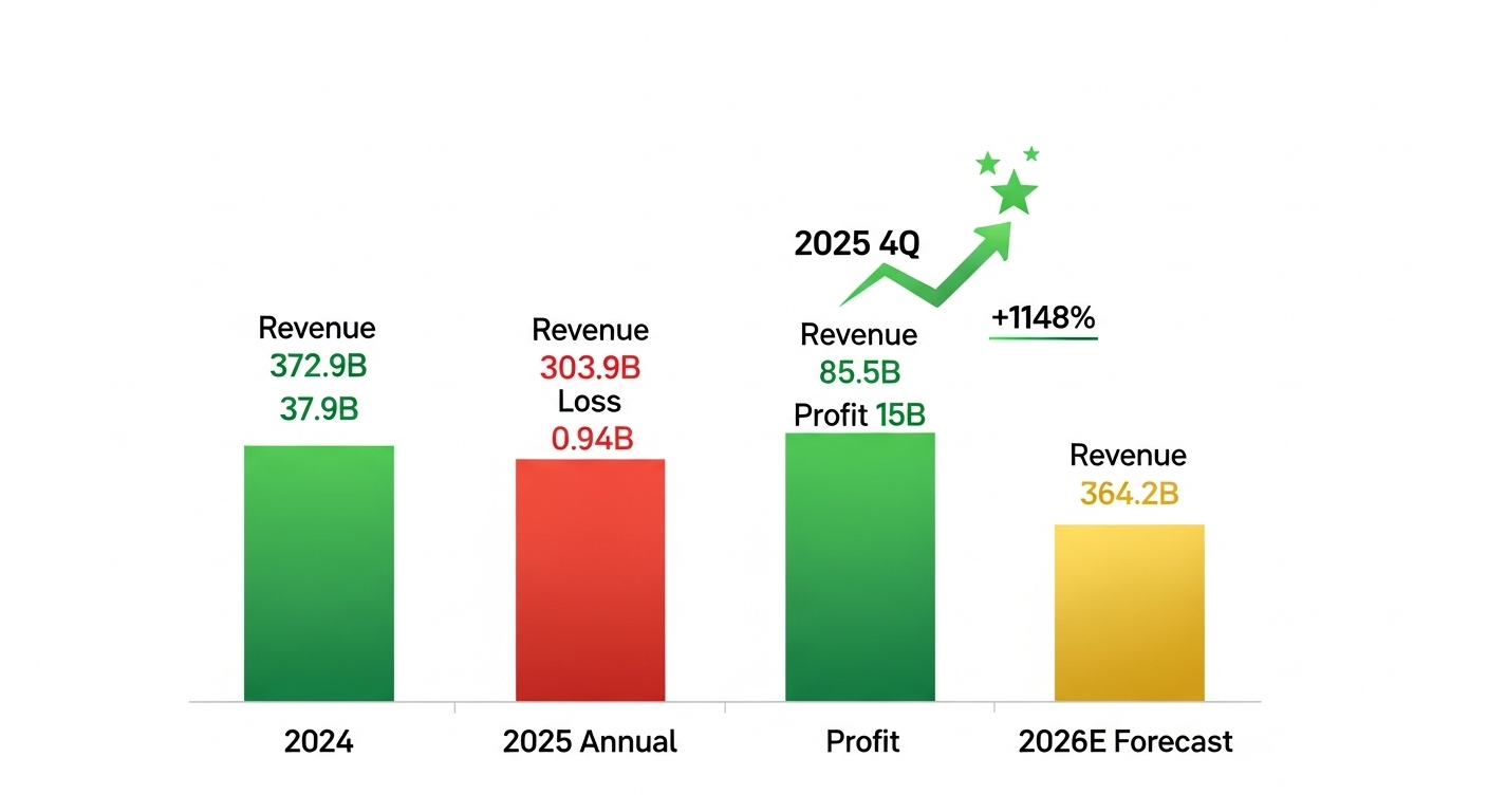 Doosan Tesna 2025 financial result chart blue gray. Bar graph 2024 revenue 372.9B profit 37.9B green. 2025 annual revenue 303.9B loss 0.94B red. 2025 4Q single bar 85.5B revenue profit 15B green star surprise up arrow +1148%. 2026E forecast 364.2B profit 62.3B gold. Dark background English.