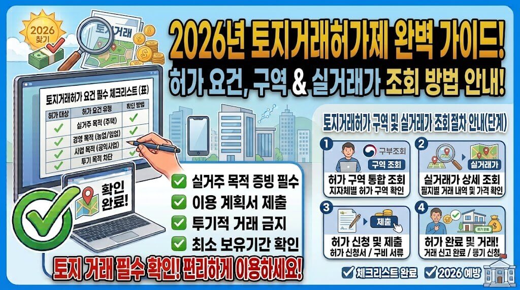 2026년 토지거래허가제 허가 요건, 구역과 실거래가 조회 방법 안내 인포그래픽