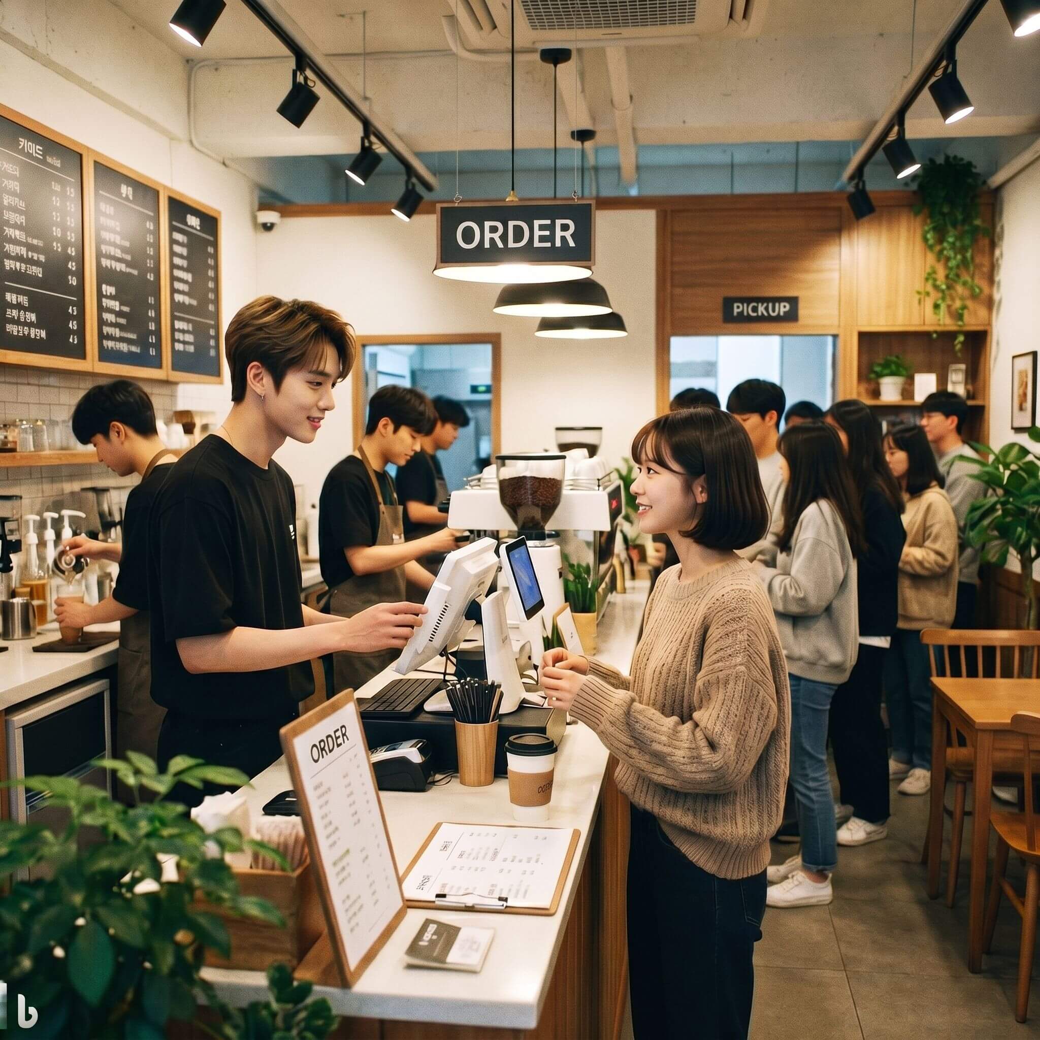 매장에서 커피를 주문하는 손님과 기다리고있는 손님들