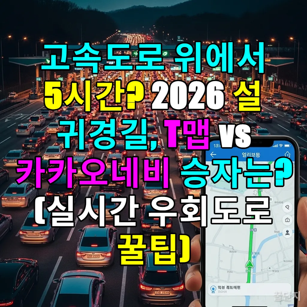2026 설 연휴 꽉 막힌 고속도로와 스마트폰 내비게이션 우회도로 화면