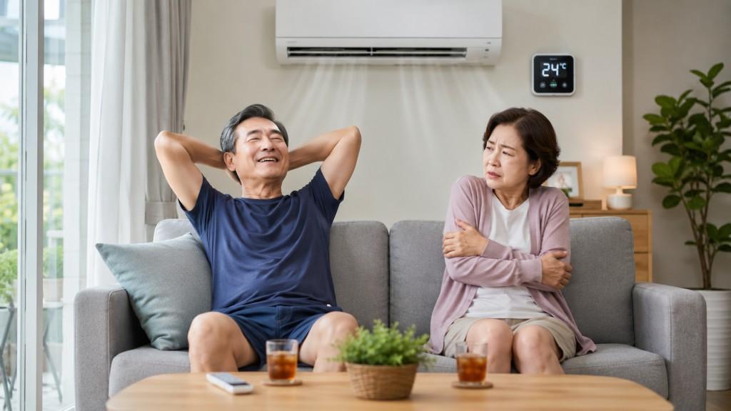 남편은 에어컨 바람에 시원한 표정 아내는 추워서 가디건 입고 쇼파에 안아 있는 모습입니다.