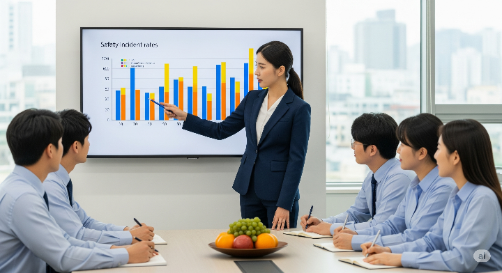 안전 프로토콜에 대해 논의하는 회의에서 차트를 가리키는 여성 관리자와 함께 있는 직원들의 모습