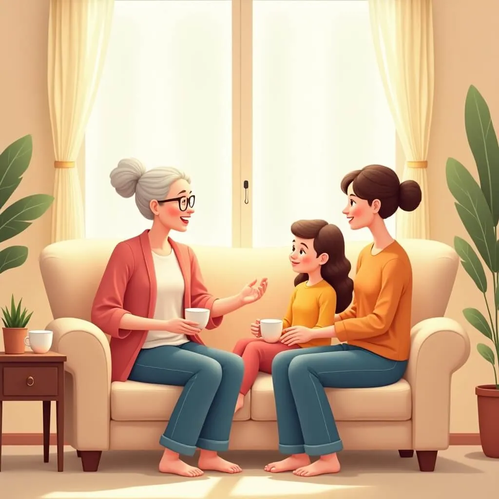 노인장기요양보험 맞춤 선택을 위한 가족 회의 장면을 담은 이미지. 밝은 거실의 편안한 소파에 3세대 가족(할머니, 성인 딸, 어린 손녀)이 함께 앉아 따뜻하게 미소 지으며 대화를 나누는 2D 일러스트. 창문을 통해 자연광이 들어오고 테이블 위에는 차 컵이 놓여 있는 아늑한 가정 환경. 베이지, 크림, 소프트 핑크, 따뜻한 오렌지 톤으로 구성되어 온화하고 정감 있는 분위기를 전달. 노인장기요양보험 급여 선택 시 가족이 함께 계획하고 준비하는 과정의 중요성을 시각적으로 표현함