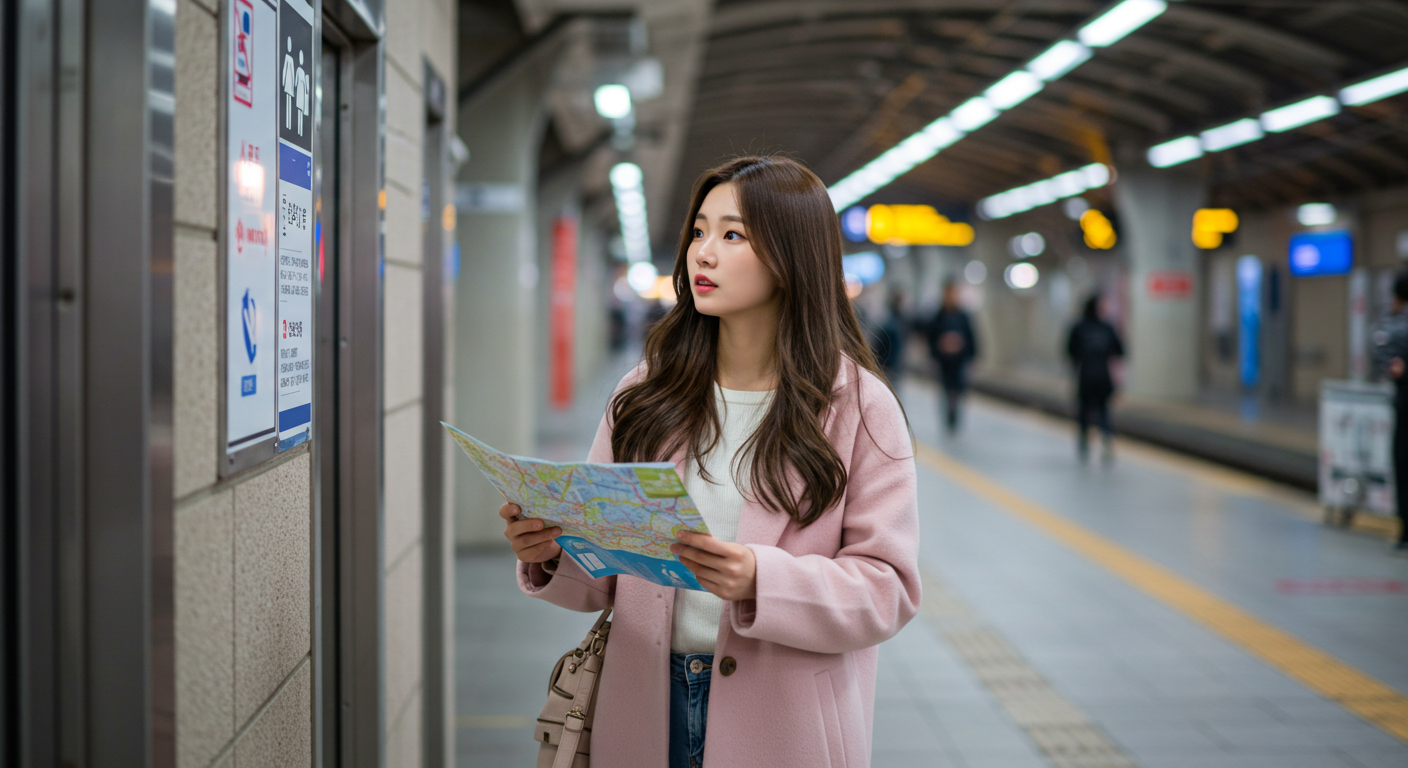 일본 기차역 화장실 입구에서 표지판을 확인하는 귀여운 한국인 여성