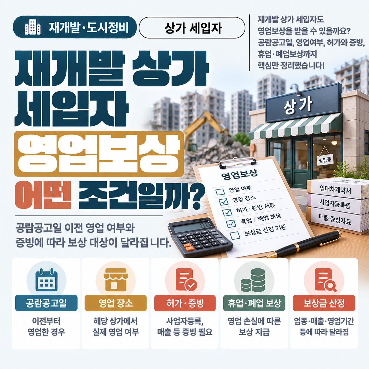 재개발 구역 상가 세입자가 영업보상 조건을 살펴보는 모습