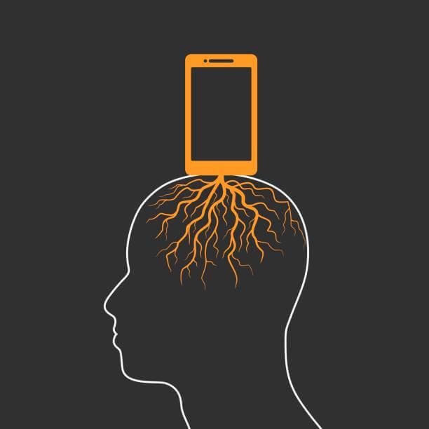 휴대전화와 머리가 연결시킨 디지털 중독처럼 표현한 사진