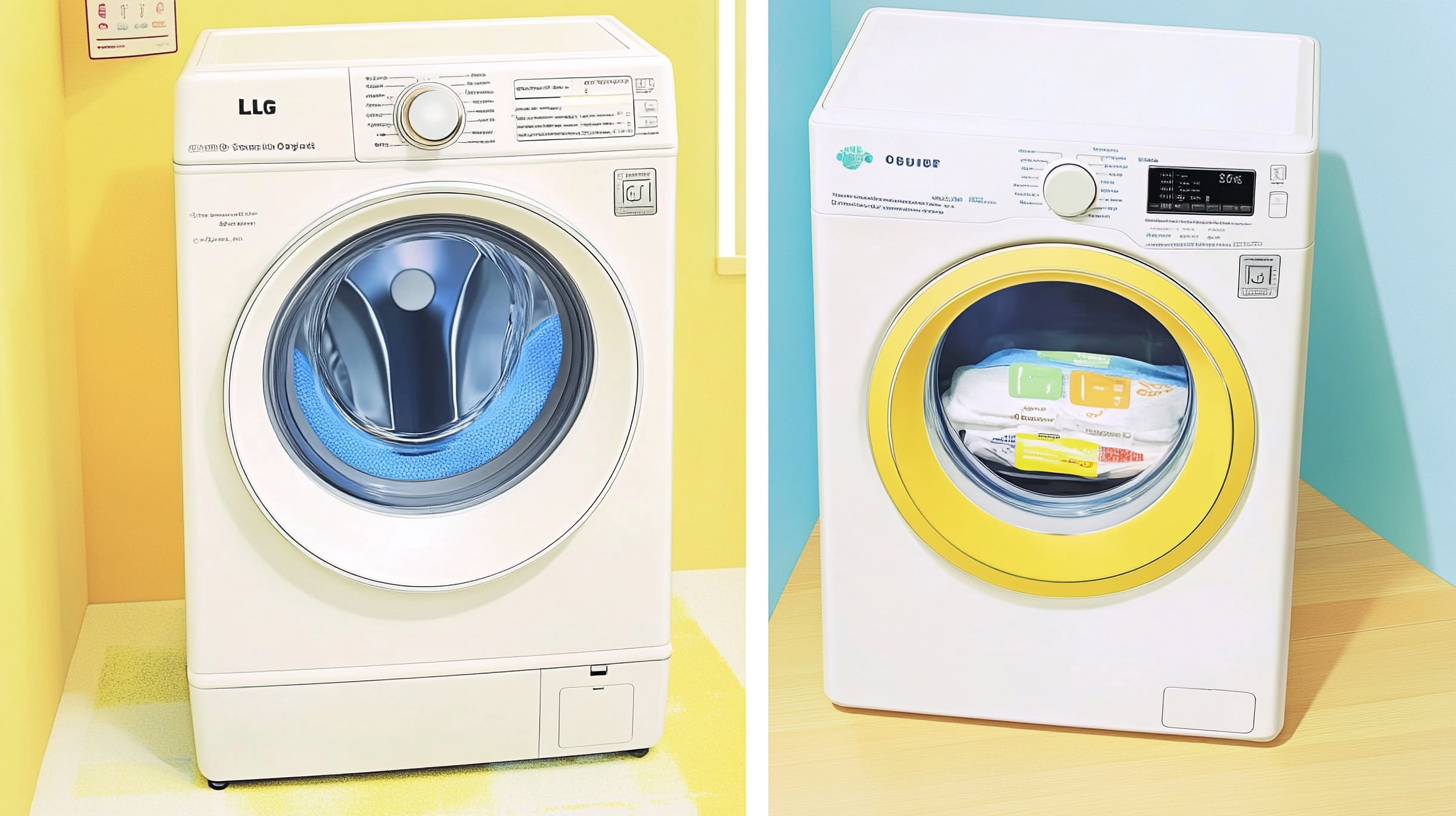 LG 오브제 세탁기와 삼성 세탁기의 나란히 비교한 이미지. LG 오브제의 독특한 디자인과 기술적 특징을 강조